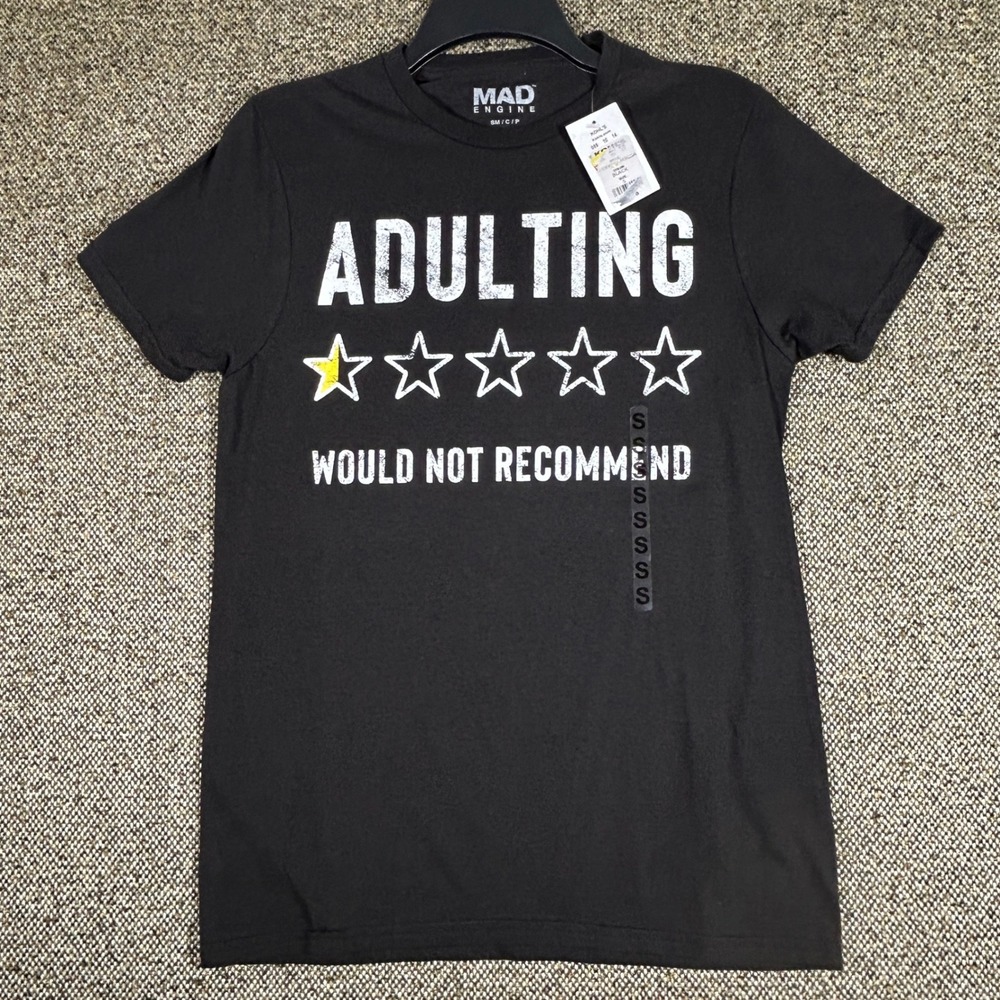 Mad Engine Adulting 1 Star Graphic Tee Mens Small Black Funny Humor T-Shirt